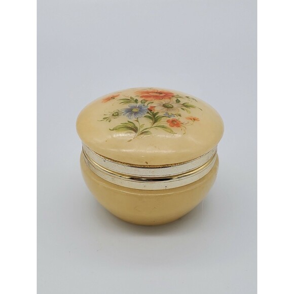 Vintage Firenze Alabaster Round Hinged Trinket Dish Floral Made in ITALY - Picture 2 of 12